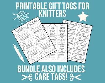 Puede incluir: Etiquetas de regalo imprimibles para tejedoras con varios diseños, incluyendo "Knitastic!" y "Knit Happens". El paquete también incluye etiquetas de cuidado con instrucciones para artículos tejidos a mano.