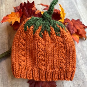 May include: A knitted beanie in a vibrant orange pumpkin shape, featuring vertical cable knit textures and a ribbed brim. The top of the hat is adorned with a dark green crocheted stem and leaf-like accents, mimicking the appearance of a real pumpkin.