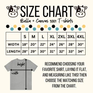 May include: Size chart for Bella + Canvas 3001 T-shirts, showing width and length measurements in inches for sizes S through 4XL.