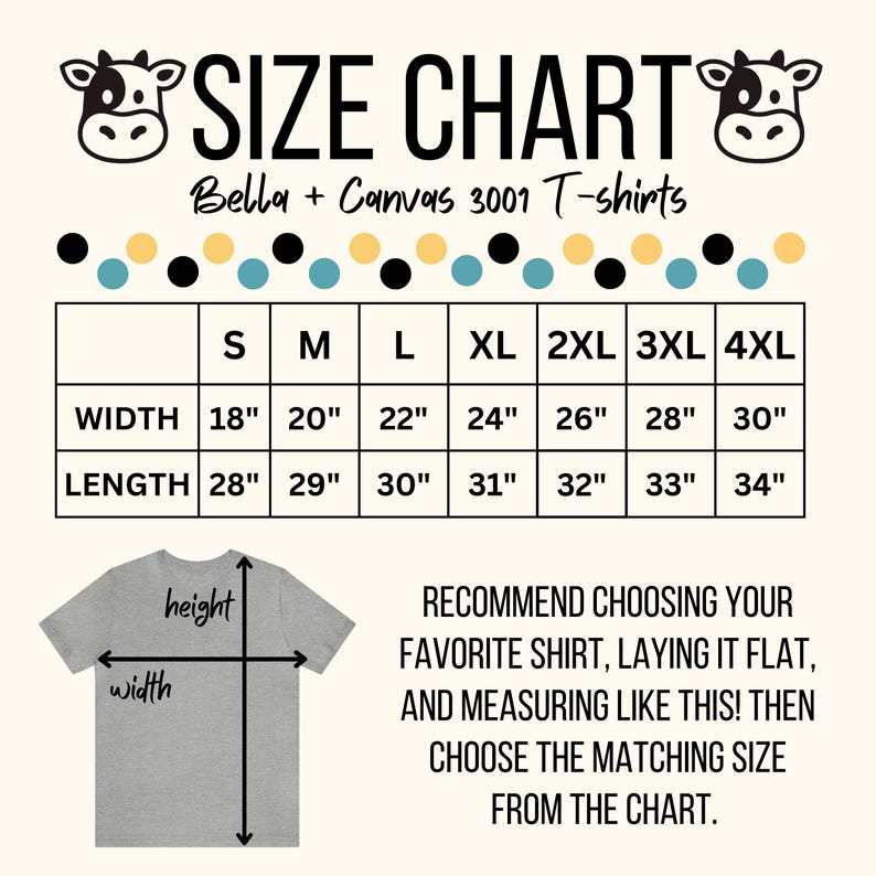 May include: Size chart for Bella + Canvas 3001 T-shirts, showing width and length measurements in inches for sizes S through 4XL.