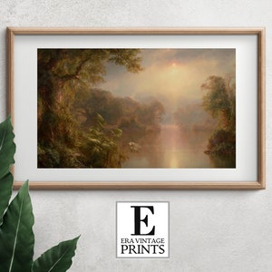 Printable Green Jungle Vintage Oil Painting | Peaceful River in a Tropical Rainforest Print | Bright Living Room Wall Art