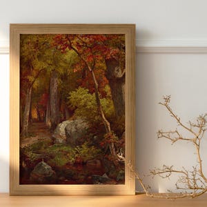 Enchanted Dark Fall Forest Art Print, Autumn Colors & Tranquil Stream Wall Decor, Nature Landscape Poster