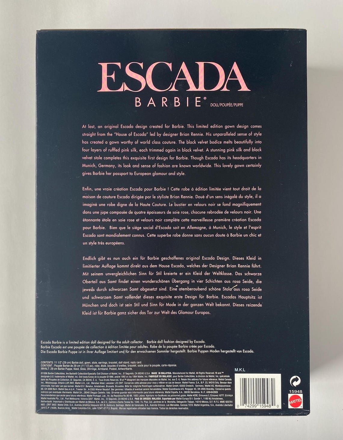 Barbie Escada Edition Limitée 1996 - Barbie Collector Mattel - Originale Avec Tenue
