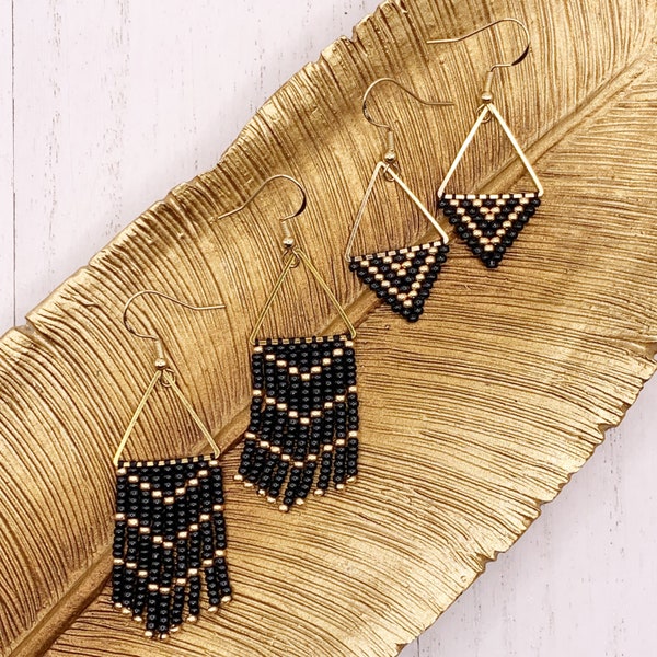 Black and Gold Triangle Beaded Earrings/ Gold Geometric Triangle/ Black and Gold Beaded Dangle Earring/ Minimalist Beaded Earrings/