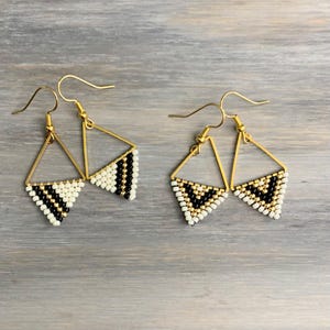 Ivory Black Gold Beaded Triangle Earrings, Geometric Minimalist Stripe or V Pattern