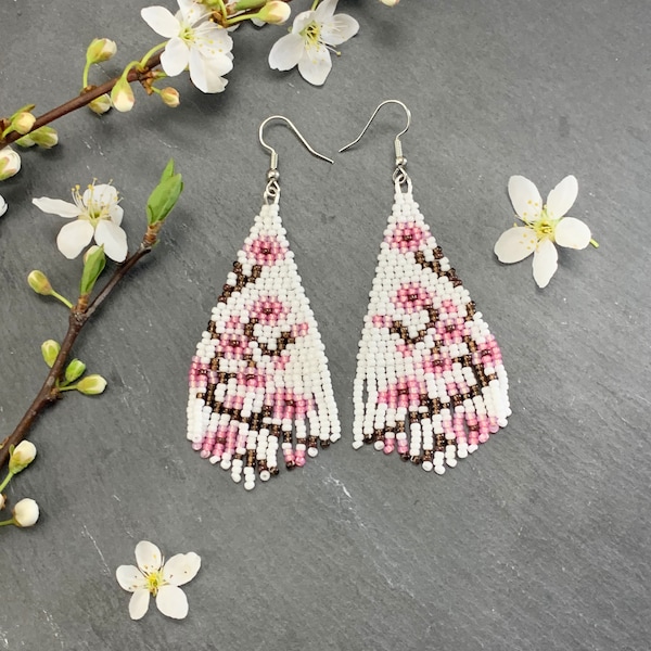 Cherry Blossom Beaded Earrings/ Floral Beaded Fringe Earring/ Floral Print Earring/ Spring Flower Dangle Earring/ Mothers Day Flower Earring