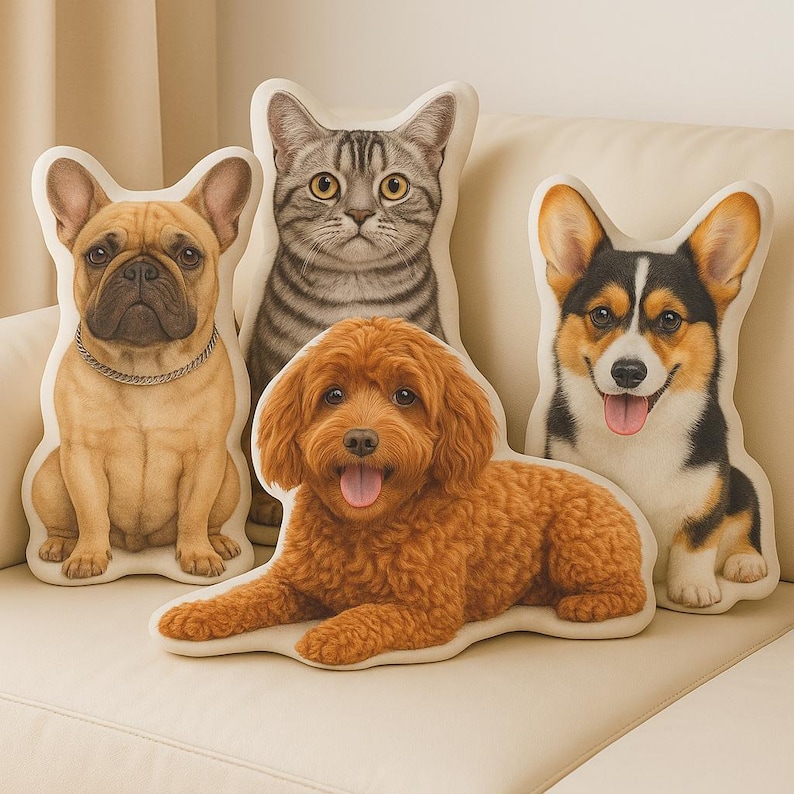 K&ouml;nnte beinhalten: Vier Pl&uuml;schtierkissen in Form einer franz&ouml;sischen Bulldogge, einer getigerten Katze, eines Pudels und eines Corgis. Die Hundekissen sind beige, braun und schwarz. Das Katzenkissen ist grau und wei&szlig;. Der Pudel ist rotbraun.