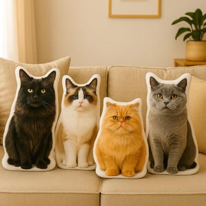 Op de afbeelding: Vier katvormige kussens op een beige bank. De kussens tonen verschillende kattenrassen: een zwarte kat, een Ragdoll, een oranje Pers en een grijze Britse Korthaar. Elk kussen heeft een witte rand en een realistisch kattengezicht.
