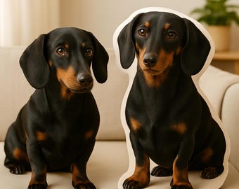 May include: A black and tan dachshund dog sits next to a dachshund-shaped pillow. The dog has brown eyes and floppy ears. The pillow is a cream color with a black and tan dachshund design.