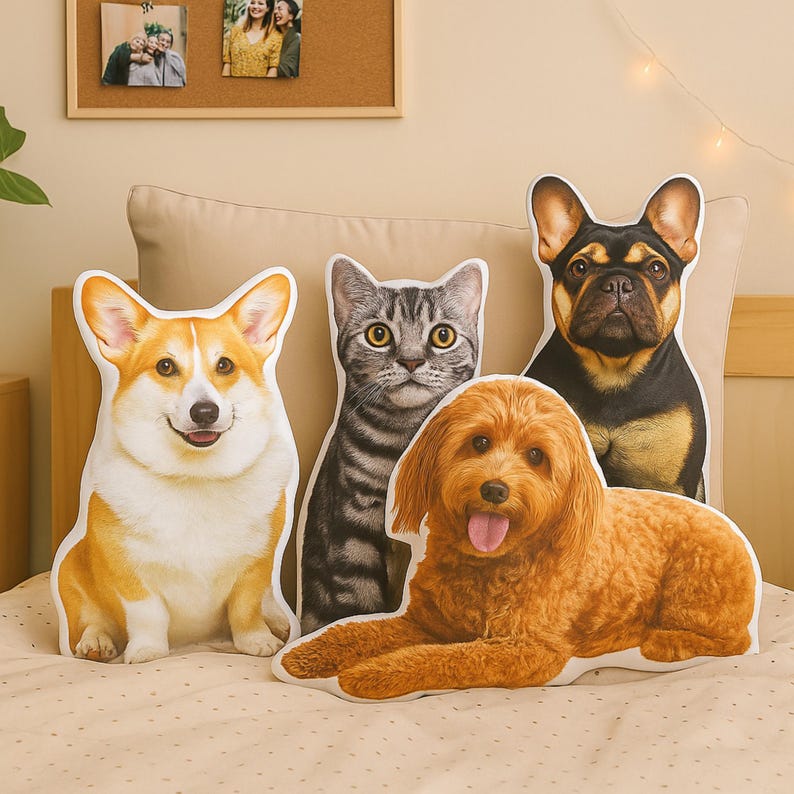 May include: A collection of plush animal pillows in the shapes of a Corgi, a tabby cat, a Goldendoodle, and a black and brown French Bulldog. The pillows are on a bed with a neutral-colored comforter.