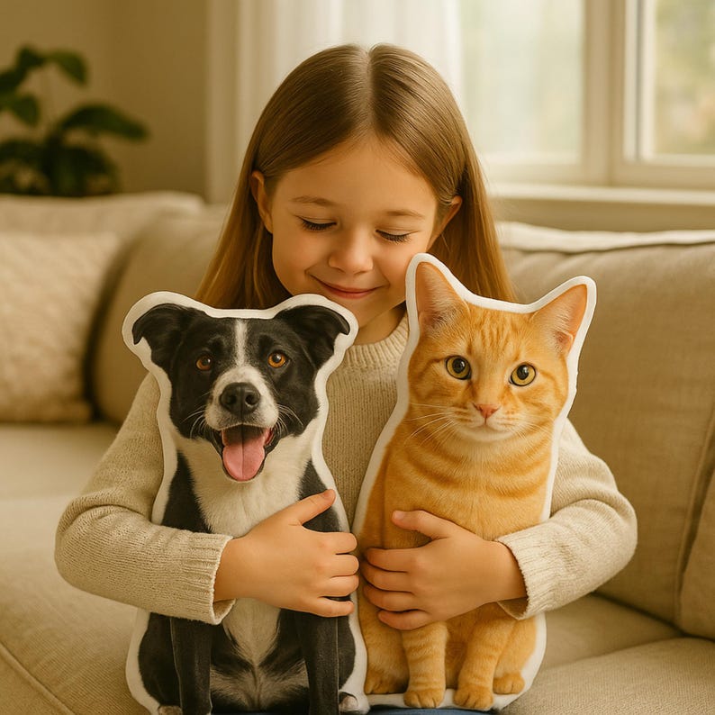 Op de afbeelding: Een persoon houdt twee kussens in de vorm van huisdieren vast: een zwart-witte hond en een oranje tabby kat. Het hondenkussen heeft zijn tong uit en het kattenkussen heeft zijn ogen open. De kussens zijn gevormd als de huisdieren.