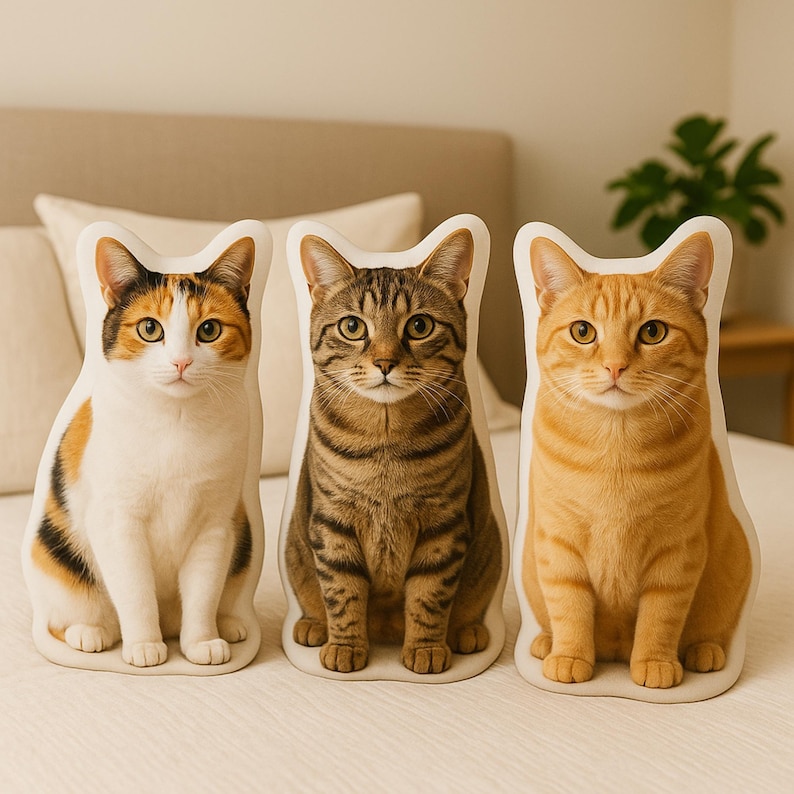 Op de afbeelding: Drie decoratieve kussens in de vorm van katten. De kussens tonen realistische afbeeldingen van katten in verschillende kleuren: schildpad, tabby en oranje. Ze staan rechtop op een bed en tonen hun gedetailleerde ontwerpen en zachte texturen.
