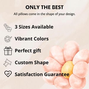 Op de afbeelding: Afbeelding met de tekst "ONLY THE BEST" en "All pillows come in the shape of your design." Extra tekst bevat "3 Sizes Available", "Vibrant Colors", "Perfect gift", "Custom Shape" en "Satisfaction Guarantee". Een bloemvormig ontwerp staat op de achtergrond.