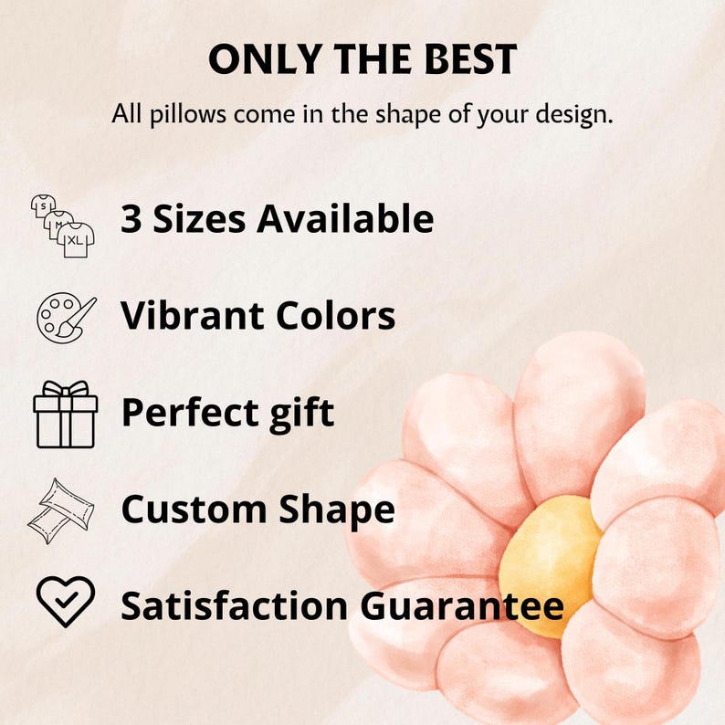 Op de afbeelding: Afbeelding met de tekst "ONLY THE BEST" en "All pillows come in the shape of your design." Extra tekst bevat "3 Sizes Available", "Vibrant Colors", "Perfect gift", "Custom Shape" en "Satisfaction Guarantee". Een bloemvormig ontwerp staat op de achtergrond.