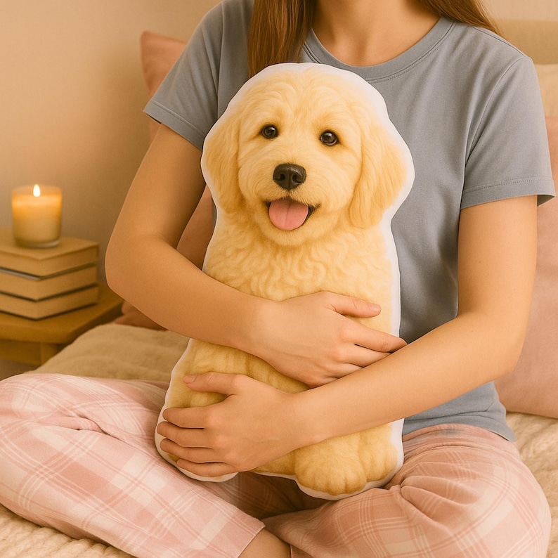 May include: A plush golden retriever dog-shaped pillow with a smiling expression and its tongue sticking out. The pillow is light yellow and is being held by a person wearing a gray t-shirt and pink plaid pajama pants.