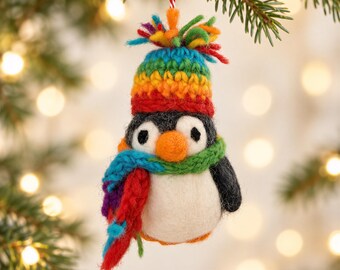 Handmade Felt Penguin Ornament with Rainbow Hat & Scarf, Colorful Christmas Penguin, Whimsical Holiday Tree Decor, Penguin Lover Gift