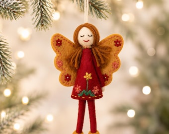 Handmade Felt Angel Christmas Ornament, Red Embroidered Angel Decoration, Whimsical Holiday Tree Ornament, Unique Christmas Gift