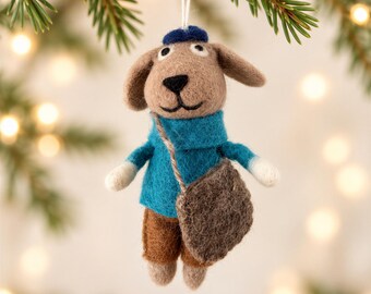 Handmade Felt Dog Ornament with Blue Sweater & Shoulder Bag, Cute Christmas Dog Ornament, Whimsical Pet Lover Gift