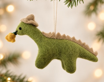 Handmade Felt Dinosaur Ornament with Flower and Hat, Green Brontosaurus Christmas Decoration, Dinosaur Lover Gift