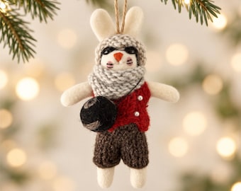 Handmade Felt Bunny Ornament with Red Vest & Knit Scarf, Cute Rabbit Christmas Ornament, Whimsical Holiday Decor, Bunny Lover Gift