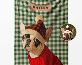 Custom Pet Portrait Blanket: Kawaii Cartoon Dog, Christmas Gingham Gift