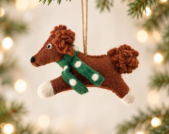 Handmade Felt Dog Ornament, Brown Puppy Christmas Ornament with Green Polka Dot Scarf, Wool Dog Tree Decoration, Dog Lover Gift