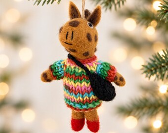 Handmade Felt Giraffe Ornament with Colorful Knit Sweater, Whimsical Christmas Animal Ornament, Giraffe Lover Gift