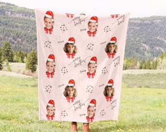Personalized Kids Face Blanket: Christmas Gingham Plaid Design
