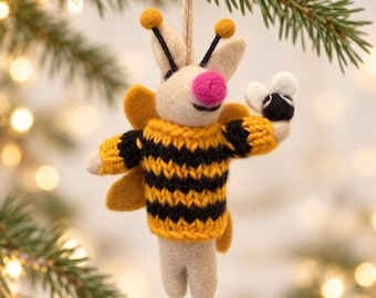 Handmade Felt Bee Piggy Ornament, Bumblebee Piggy Christmas Ornament with Mini Bee, Whimsical Holiday Tree Decor, Bee Lover Gift