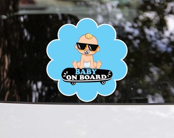 May include: A blue and white car sticker featuring a cartoon baby wearing sunglasses and riding a skateboard. The sticker reads "Baby on Board".