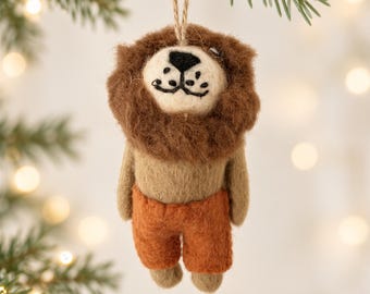 Handmade Felt Lion Ornament in Orange Shorts, Whimsical Christmas Animal Decoration, Lion Lover Gift