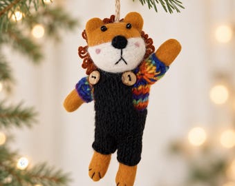 Handmade Felt Lion Ornament, Rainbow Sweater Christmas Lion, Whimsical Animal Tree Decoration, Lion Lover Gift