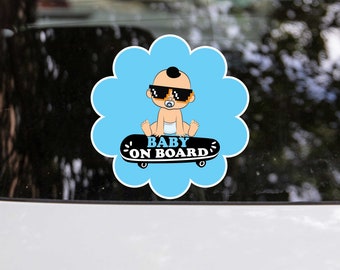 May include: Blue and white car sticker with a cartoon baby wearing sunglasses and riding a skateboard. The sticker says "Baby On Board".