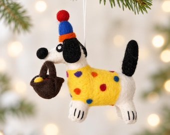 Handmade Felt Dog Ornament with Basket, Colorful Polka Dot Christmas Dog, Whimsical Holiday Ornament, Dog Lover Gift