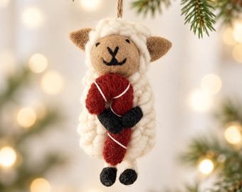 Handmade Felt Sheep Ornament with Red Yarn, Woolly Lamb Christmas Ornament, Farmhouse Holiday Decor, Sheep Lover Gift