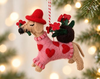 Handmade Felt Dog Ornament with Flowers, Pink Heart Sweater Dog Ornament, Whimsical Christmas Tree Decor, Dog Lover Gift