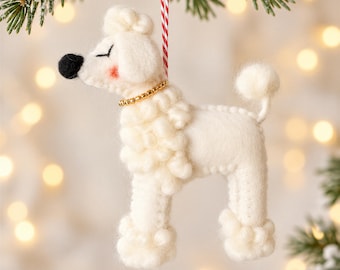 Handmade Felt Poodle Ornament, White Dog Christmas Ornament with Gold Collar, Elegant Pet Lover Gift, Whimsical Holiday Tree Decor
