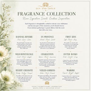 May include: A Luv and Lotus fragrance collection chart featuring nine signature scents: Rainfall Reverie, En Provence, First Kiss, Wild Honeysuckle, Charleston, Outer Banks, Desert Creosote, Veiled Goddess, and Waikiki, decorated with floral illustrations.