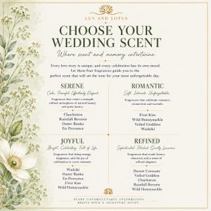 May include: A Luv and Lotus informational graphic titled Choose Your Wedding Scent. The text categorises fragrances into Serene, Romantic, Joyful, and Refined groups, listing specific scent names under each, framed by white floral illustrations.