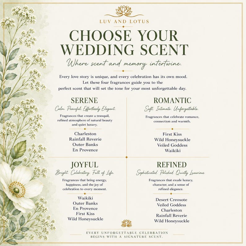 May include: A Luv and Lotus informational graphic titled Choose Your Wedding Scent. The text categorises fragrances into Serene, Romantic, Joyful, and Refined groups, listing specific scent names under each, framed by white floral illustrations.