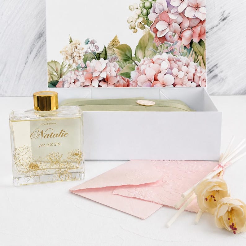 May include: A clear glass perfume bottle with a gold cap, featuring the name Natalie and the date 10.22.26 in gold script, alongside a white gift box with a floral hydrangea print, a pink envelope, and two artificial white flowers on sticks.