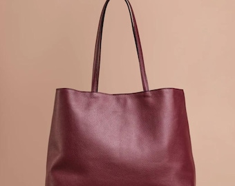 Burgundy Full Grain Calfskin Leather Tote Bag, Handmade in Colombia, Classic Everyday Shoulder Bag