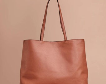 Tan Full Grain Calfskin Leather Tote Bag, Handmade in Colombia, Classic Everyday Shoulder Bag