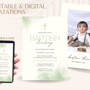 Baptism Invitation Boy Template, Modern Christening Invitation, Digital Invitation ,Green Christening Invite Template,Light Green Watercolor