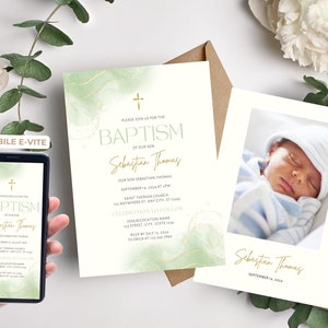 Baptism Invitation Boy Template, Modern Christening Invitation, Digital Invitation ,Green Christening Invite Template,Light Green Watercolor