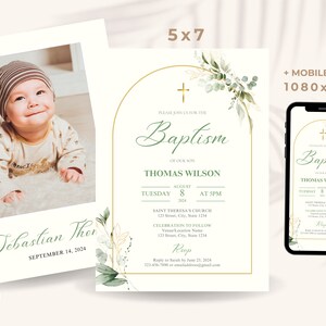 Baptism Invitation Boy Template, Modern Christening Invitation, Digital Invitation , Greenery Christening Invite Template,Light Green Gold