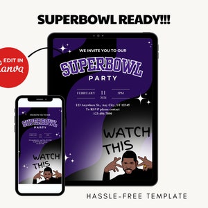 Pode incluir: Um modelo digital de convite para a festa do Super Bowl exibido em um tablet e smartphone. O design apresenta um esquema de cores roxo e preto com o texto "SUPERBOWL PARTY" e "WATCH THIS". Editável no Canva.