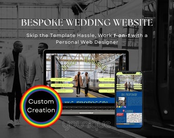 May include: A laptop computer displaying a website mockup for a wedding. The website is designed for a couple named Arthur and Bernice. The website features a rainbow color scheme and the text "Custom Creation" in a circle. The laptop is sitting on a gray surface.