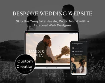May include: A laptop computer displaying a wedding website with a couple's names, "James & Sophia", and a photo of them embracing. The website also includes a section titled "Getting there" with directions and a mobile phone displaying the same website.