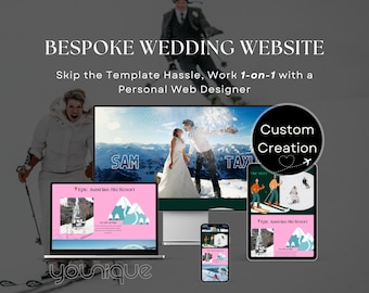 May include: A website design service for weddings, featuring a couple in a snowy mountain setting. The website design service is called "Younique" and offers custom creation. The website design service is advertised as a way to skip the template hassle and work one-on-one with a personal web designer.